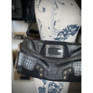 GUESS | S | Leather Croc-Accent Clutch Silver Plaque Baguette Clutch Handbag